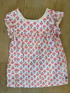 Joules Pink Coral Navy Heart Print Ruffle Sleeve Top
